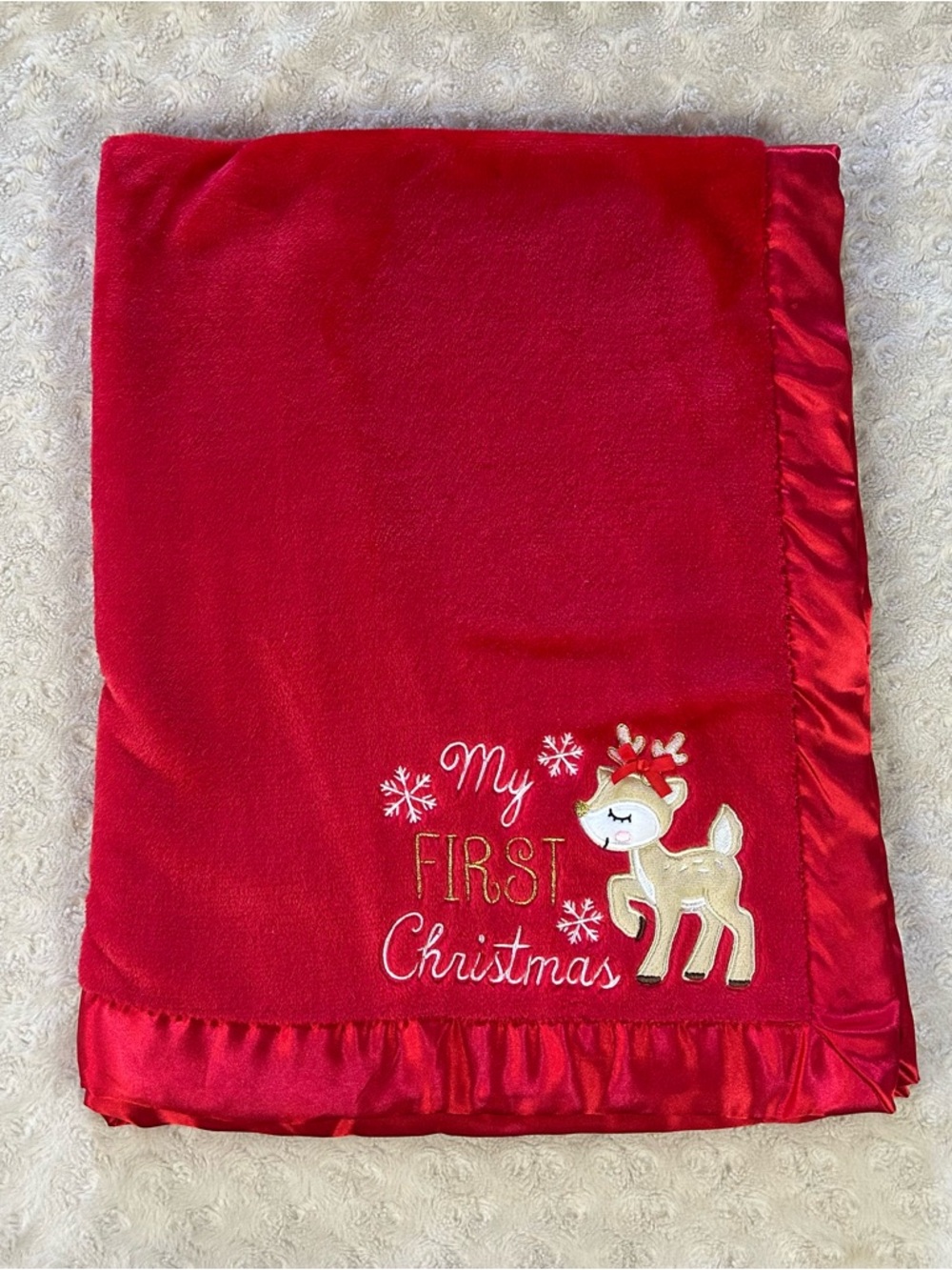 Baby Essentials My First Christmas Reindeer Blanket Red Snowflakes Silky Edge
